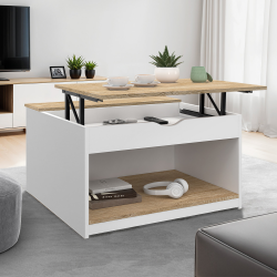 16234 - Tavolino quadrato bianco con piano sollevabile e scatola di legno Table basse plateau relevable carrée ELEA avec coffre bois blanc et façon hêtre