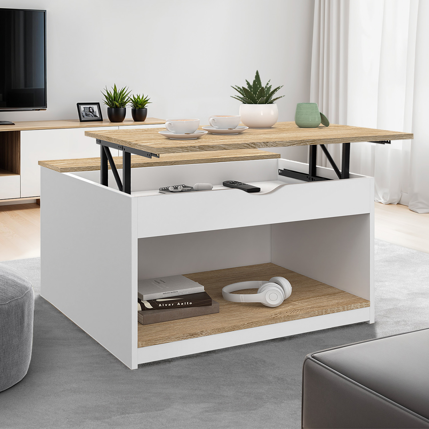 Table basse carrée blanche avec plateau relevable et coffre bois