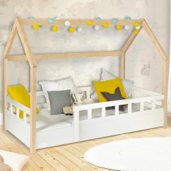 16464 - Letto a cabina bianco e faggio per bambini 80x160 cm Lit cabane enfant 80 x 160 CM NEREE blanc et hêtre avec sommier et barrières