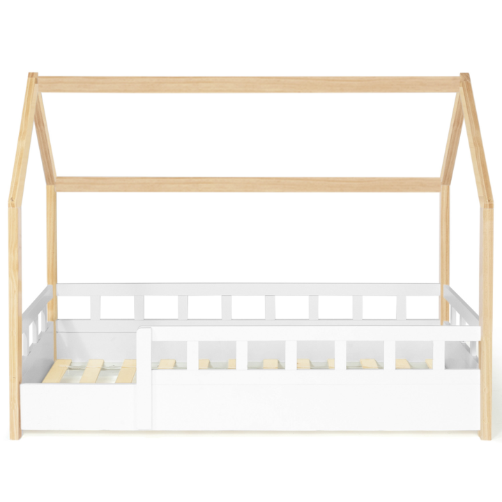 Lit cabane enfant 80 x 160 CM NEREE blanc et hêtre avec sommier et barrières Lit cabane enfant 80 x 160 CM NEREE blanc et hêtre avec sommier et barrières