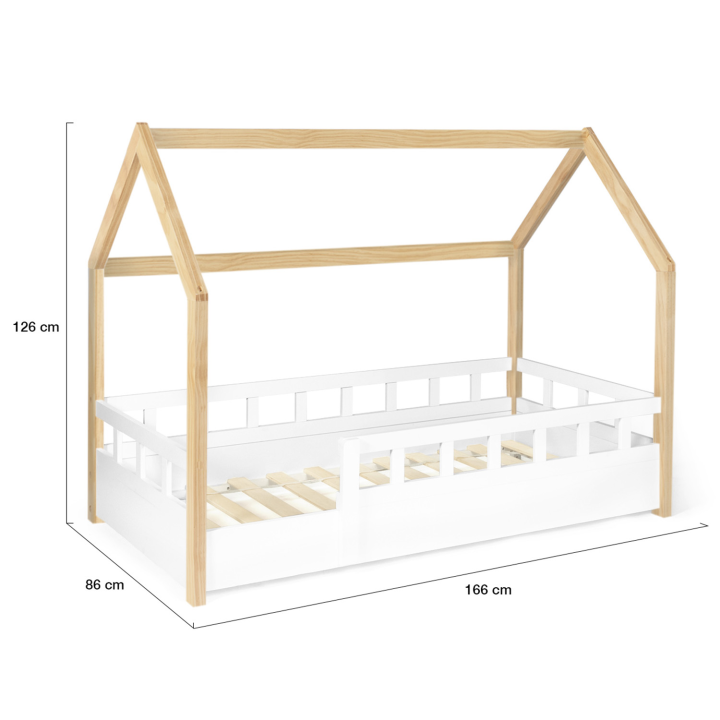 Lit cabane enfant 80 x 160 CM NEREE blanc et hêtre avec sommier et barrières Lit cabane enfant 80 x 160 CM NEREE blanc et hêtre avec sommier et barrières