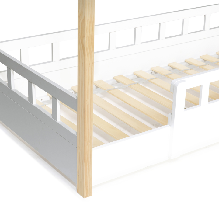 Lit cabane enfant 80 x 160 CM NEREE blanc et hêtre avec sommier et barrières Lit cabane enfant 80 x 160 CM NEREE blanc et hêtre avec sommier et barrières
