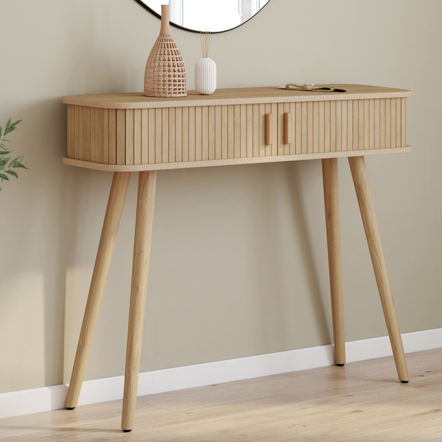 Console d’entrée bois effet lattes 2 portes coulissantes - ROMIE| ID Market