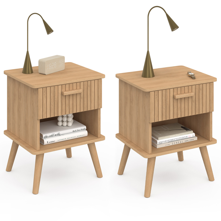 Lot de 2 tables de chevet JULIETTE effet lattes 1 tiroir 1 étagère Lot de 2 tables de chevet JULIETTE effet lattes 1 tiroir 1 étagère