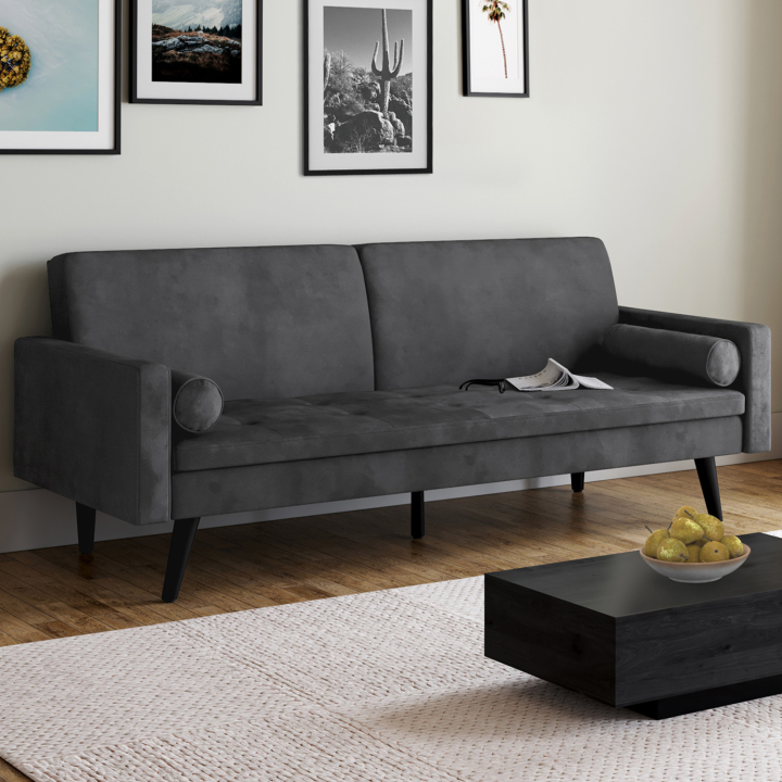 Canapé droit scandinave 3 places convertible NAËL en velours gris anthracite Canapé droit scandinave 3 places convertible NAËL en velours gris anthracite