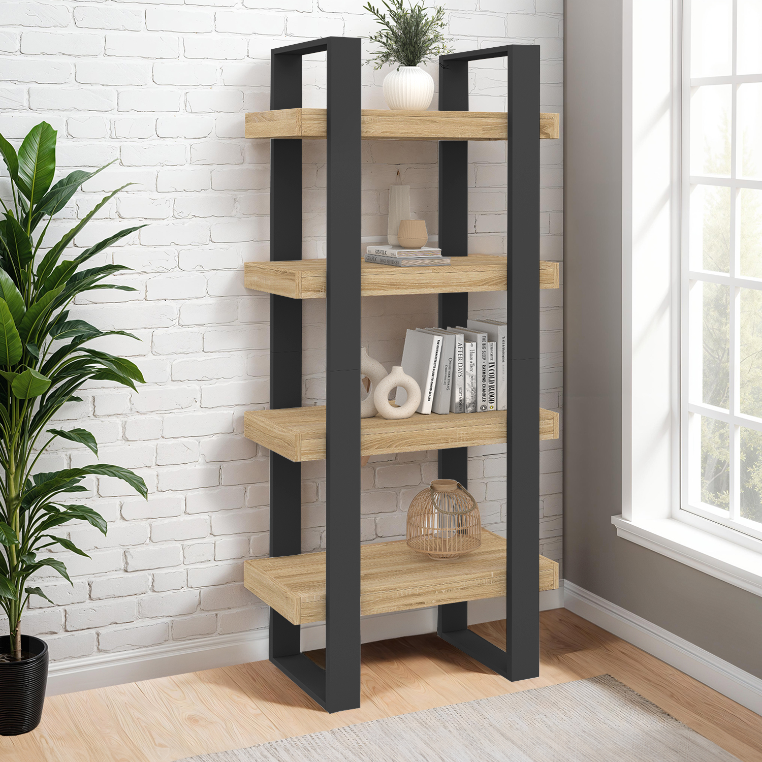 Étagère bibliothèque noire et bois 160 cm