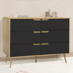 16302 - Commode scandinave effet hêtre et noir 115cm Commode 6 tiroirs HELSINKI 115 cm scandinave effet hêtre et noir