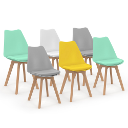 15234 - Sedie scandinave in un mix di colori: verde menta, giallo, bianco e grigio Lot de 6 chaises scandinaves SARA mix color pastel jaune, blanc, gris clair x2, vert mentholé x2