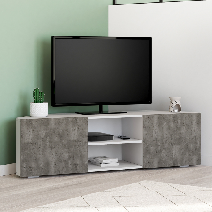 Meuble TV 110 cm d'angle ELI blanc portes effet béton Meuble TV 110 cm d'angle ELI blanc portes effet béton