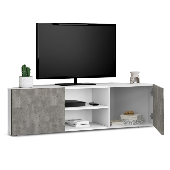 Meuble TV 110 cm d'angle ELI blanc portes effet béton Meuble TV 110 cm d'angle ELI blanc portes effet béton