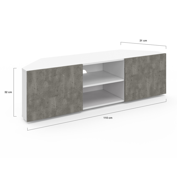 Meuble TV 110 cm d'angle ELI blanc portes effet béton Meuble TV 110 cm d'angle ELI blanc portes effet béton