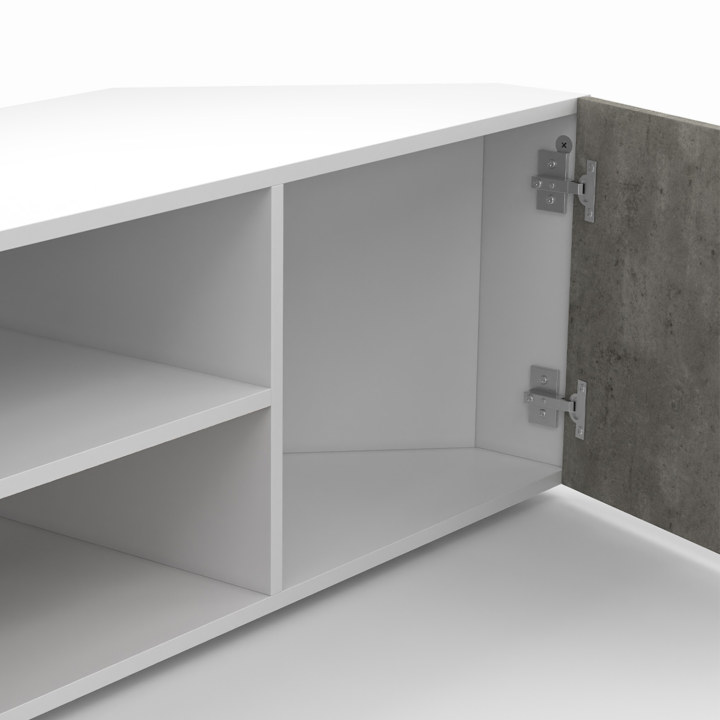 Meuble TV 110 cm d'angle ELI blanc portes effet béton Meuble TV 110 cm d'angle ELI blanc portes effet béton