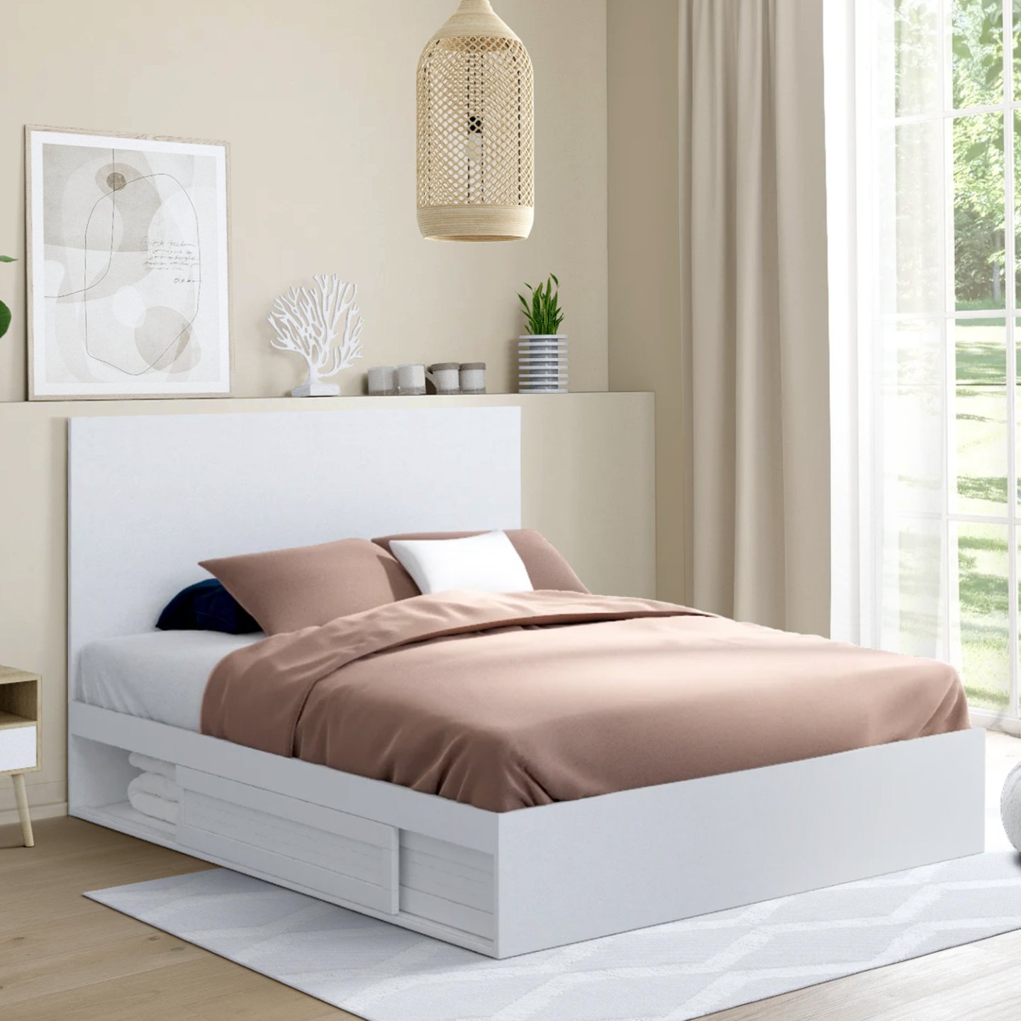 Bett 140x190 cm weiß mit Stauraum, Kopfteil und Lattenrost - MELSA