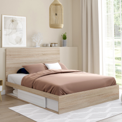 16724 - Letto 140x190 cm in faggio e bianco con vano contenitore, testata e rete Lit double MELSA avec rangements + tête de lit et sommier 140 x 190 cm façon hêtre et blanc