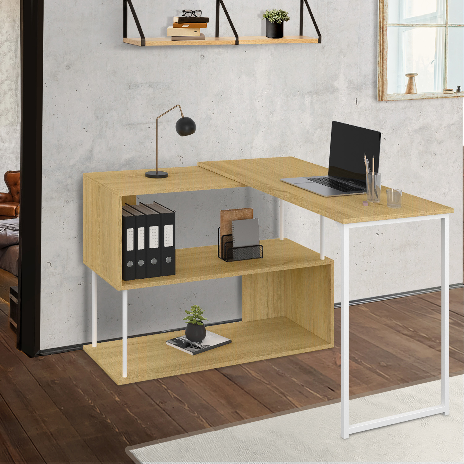 Bureau d'angle rotatif 180° métal blanc et bois