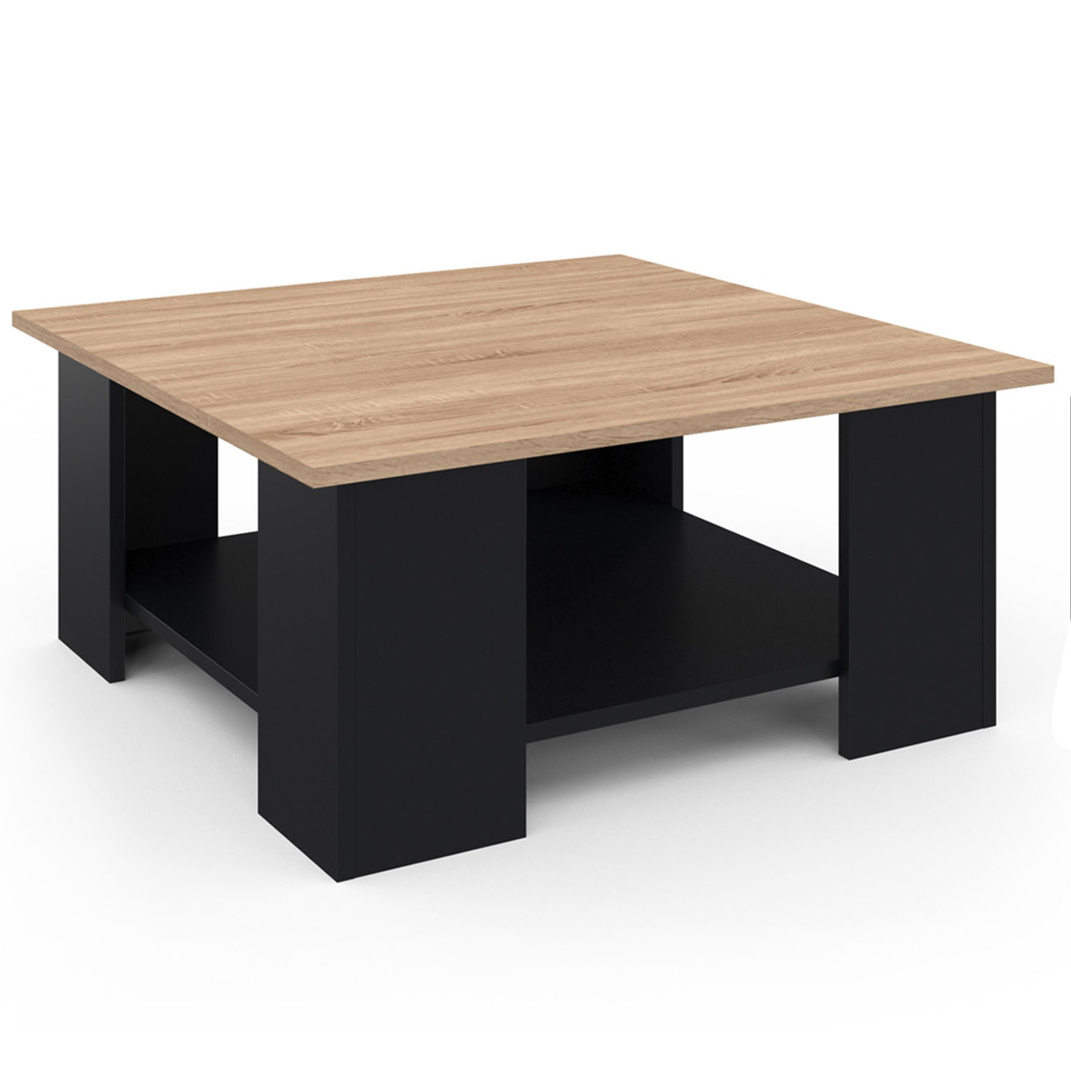 Table basse carrée noire avec plateau imitation hêtre