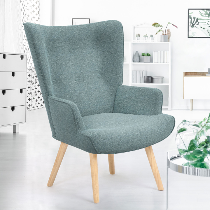 Fauteuil scandinave IVAR en tissu vert eucalyptus Fauteuil scandinave IVAR en tissu vert eucalyptus