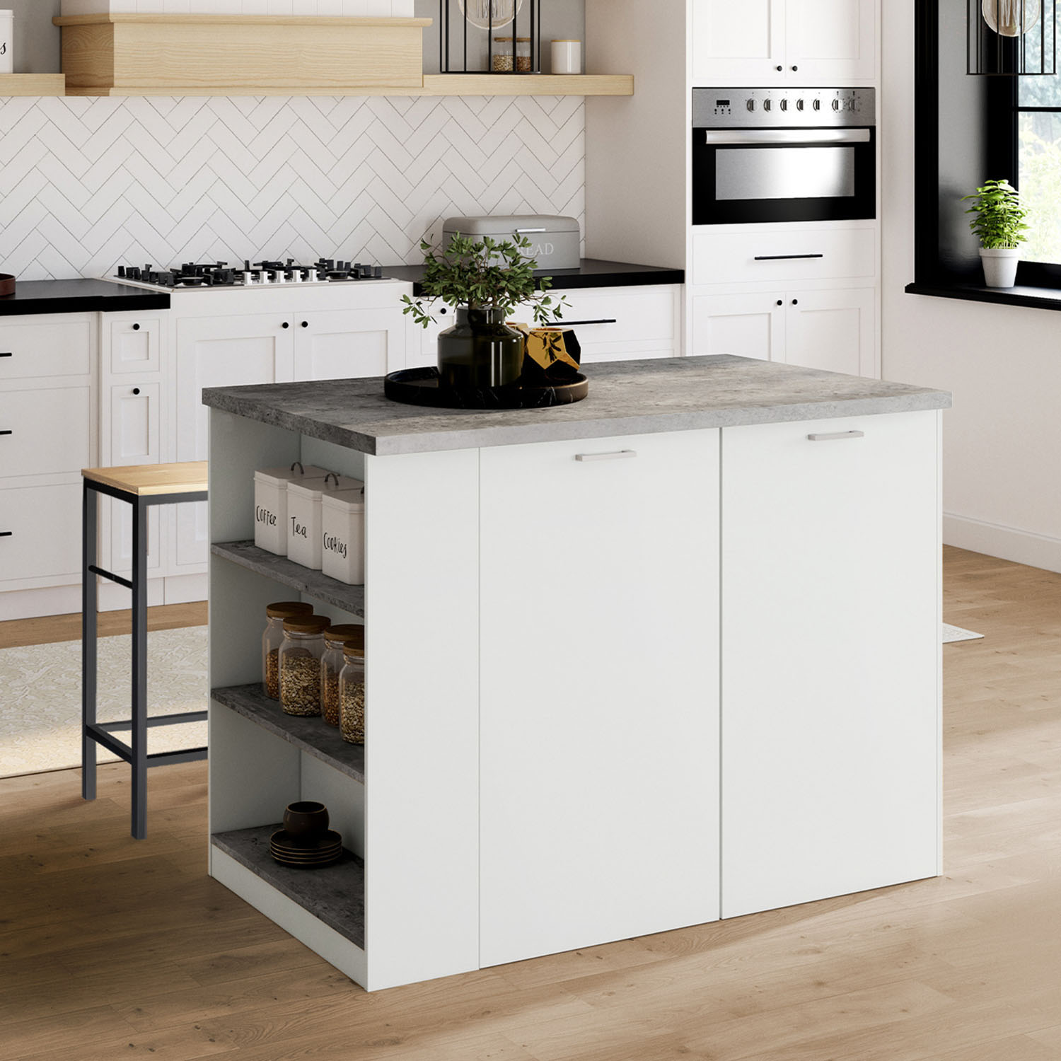 Ilot central de cuisine bois blanc et effet béton