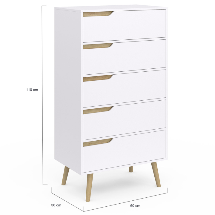 Commode 5 Tiroirs EDHEN 60 Cm - Style Cannage, Rangement Chambre, Entrée, Bureau, Design Naturel