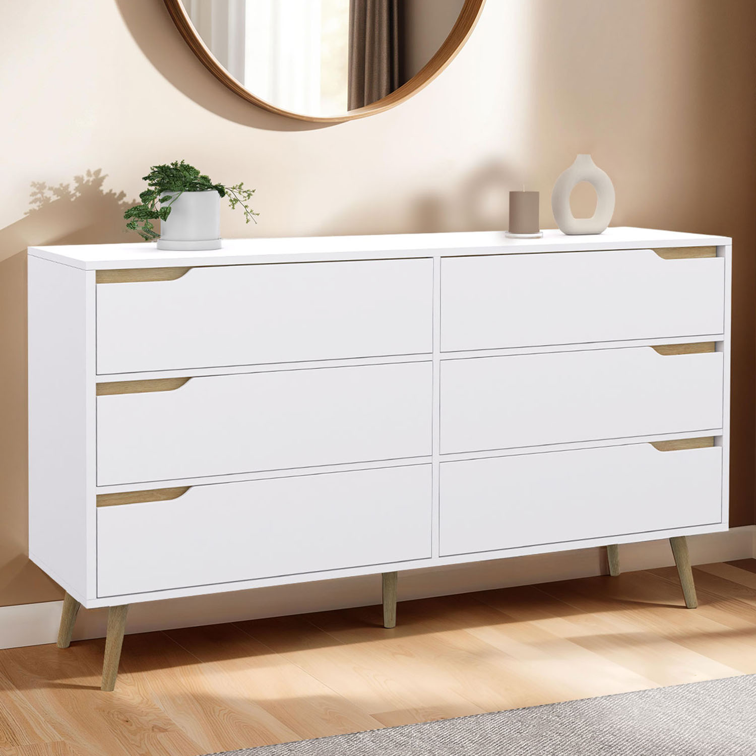 Grande commode blanche scandinave avec 6 tiroirs