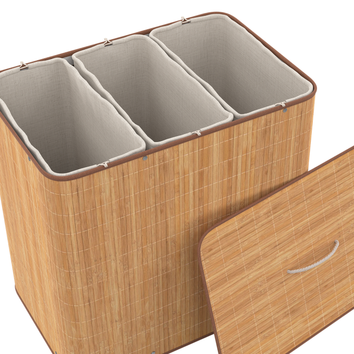 Panier à linge 3 bacs bambou ALBA tissu écru Panier à linge 3 bacs bambou ALBA tissu écru