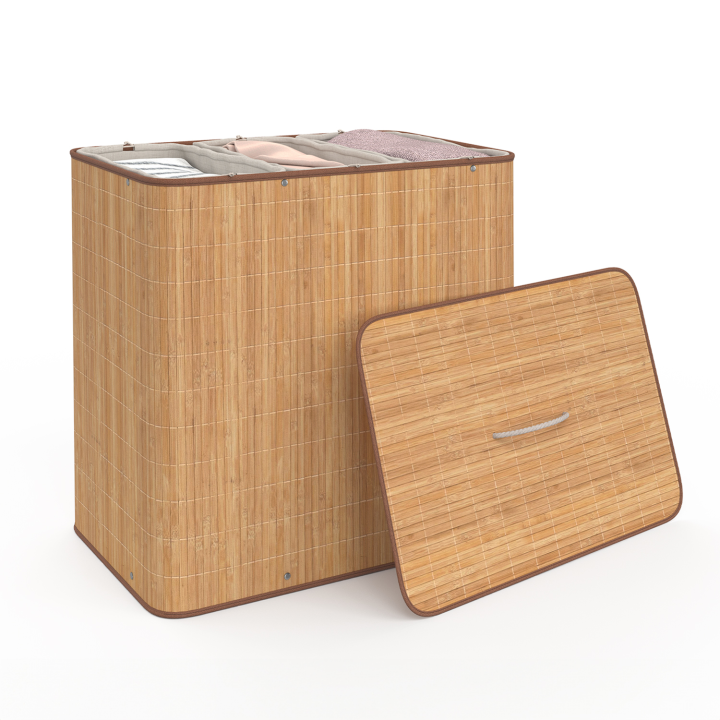 Panier à linge 3 bacs bambou ALBA tissu écru Panier à linge 3 bacs bambou ALBA tissu écru