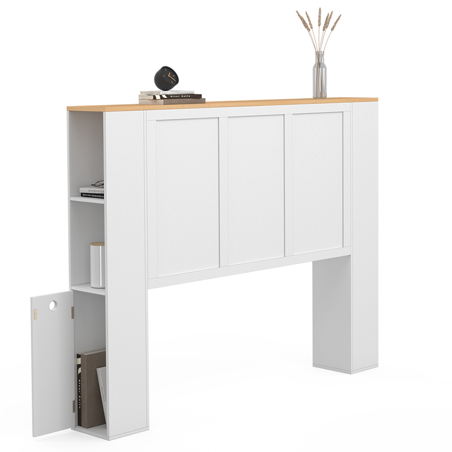 Kopfteil auf Fuß mit weißem Stauraum und Holzplatte - VITO | ID Market