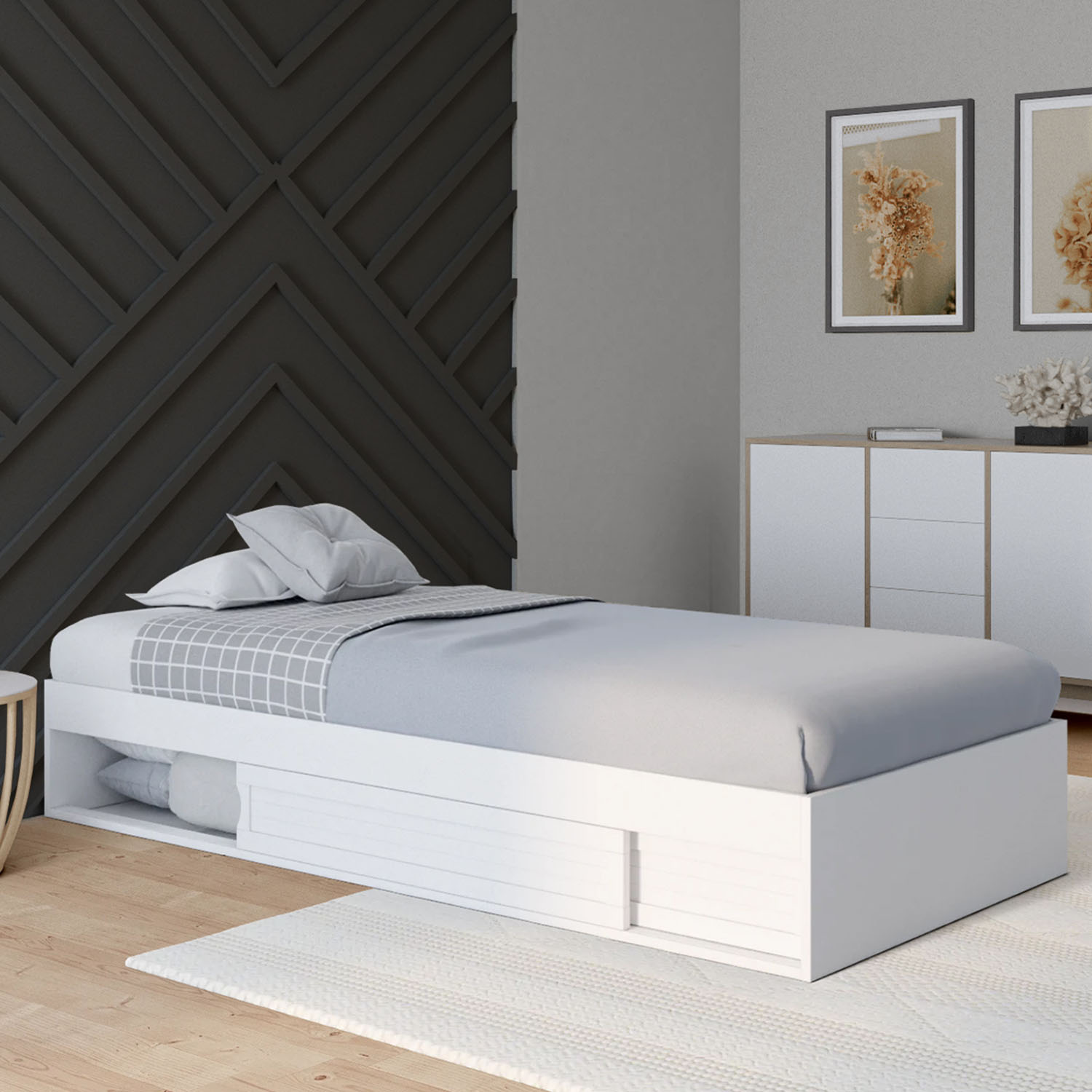 Cadre de lit simple 90x190 cm bois blanc avec rangement