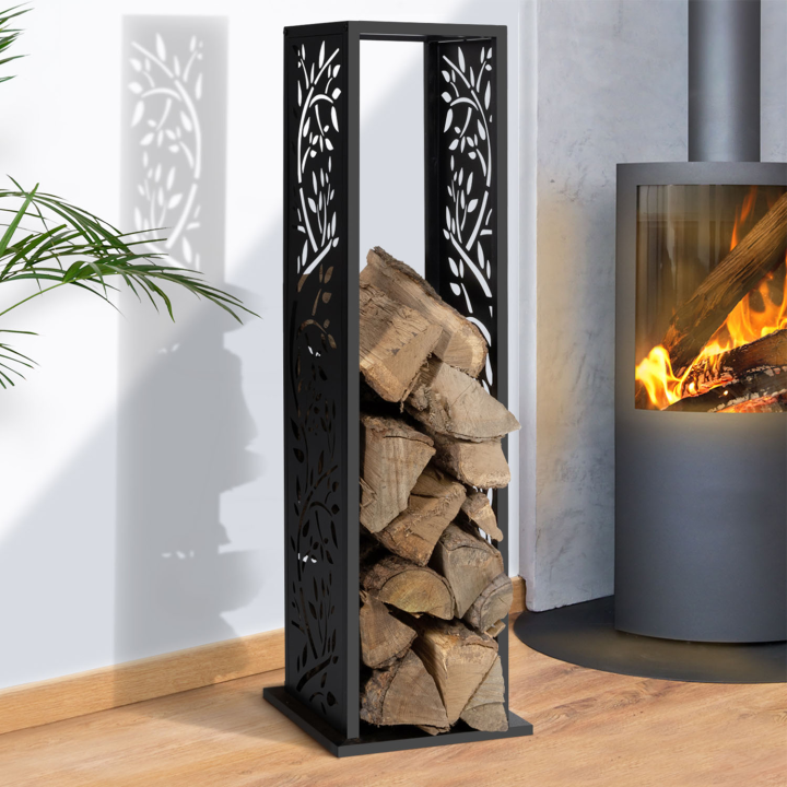 Range bûche vertical acier noir motif arbre H.112 cm Range bûche vertical acier noir motif arbre H.112 cm