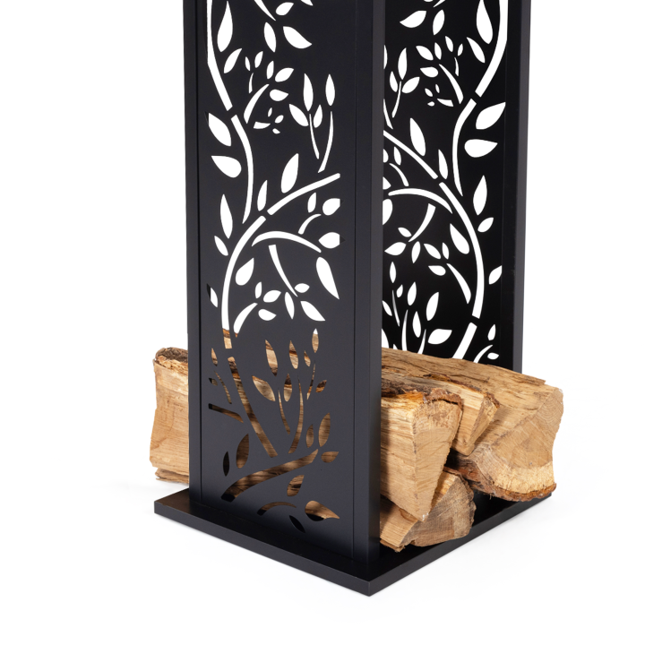 Range bûche vertical acier noir motif arbre H.112 cm Range bûche vertical acier noir motif arbre H.112 cm