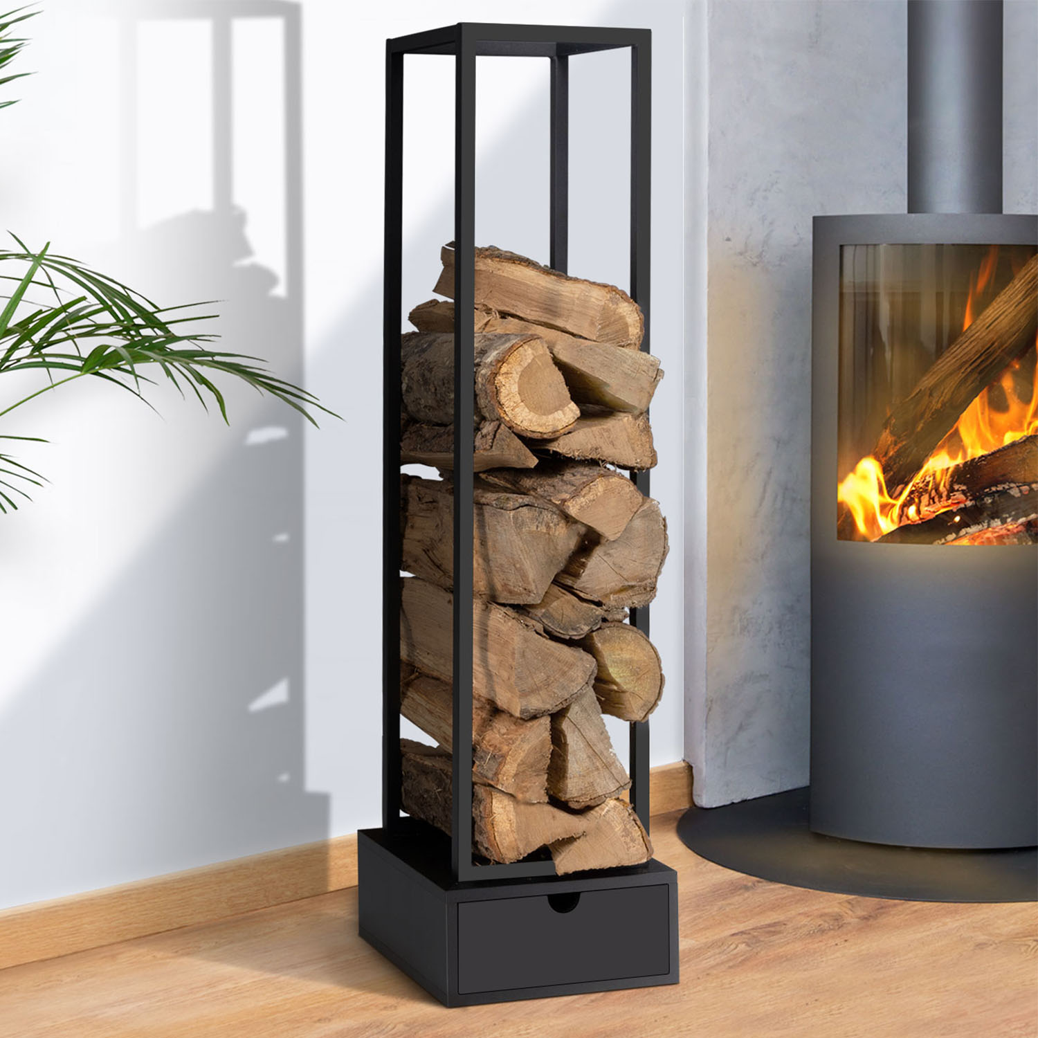 Range bûche intérieur vertical en acier noir avec tiroir