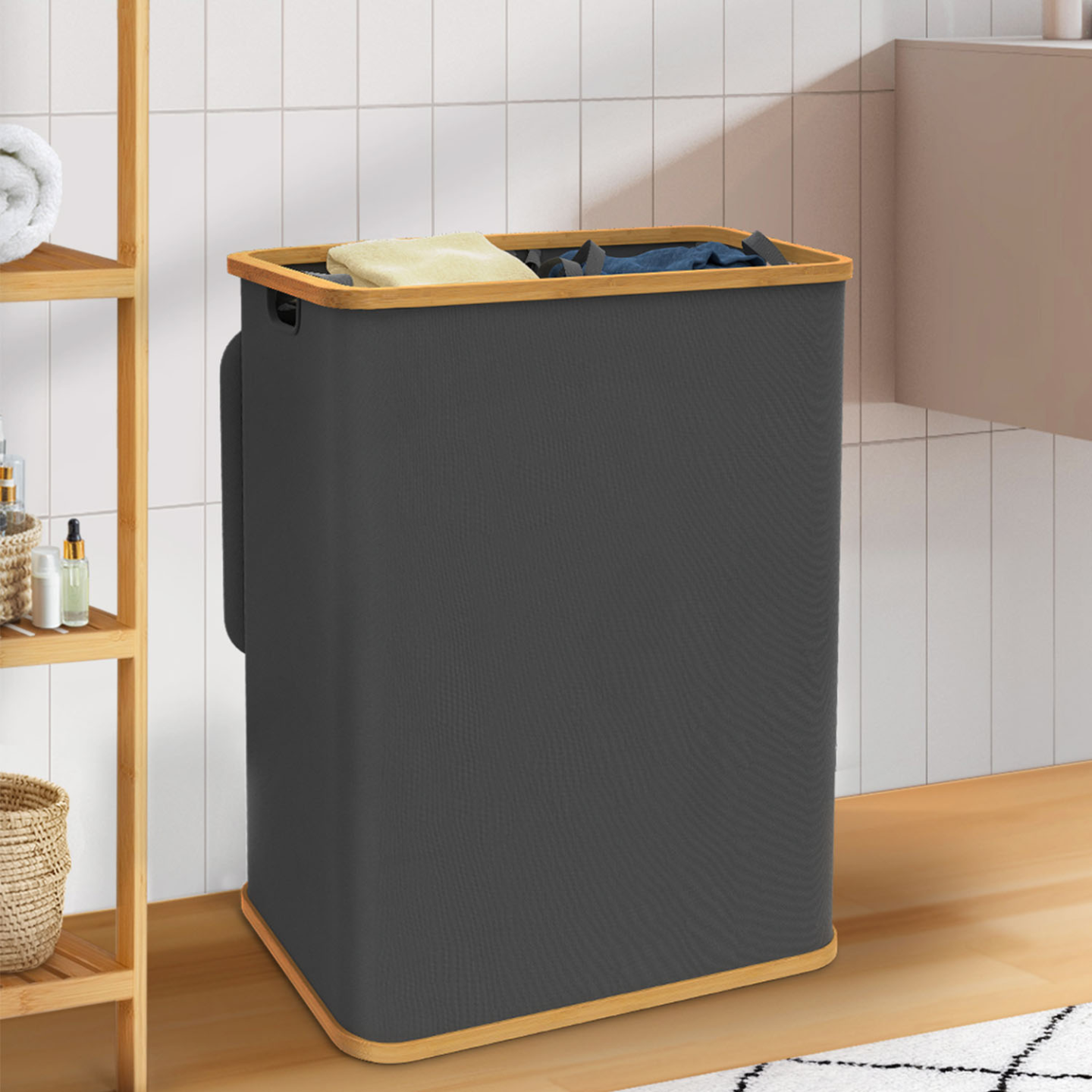 Cesto Portabiancheria In Bambù BEA Doppio Con Sacche Rimovibili Grigio Antracite - Mobile Con Ripiano Per Bagno Ordinato