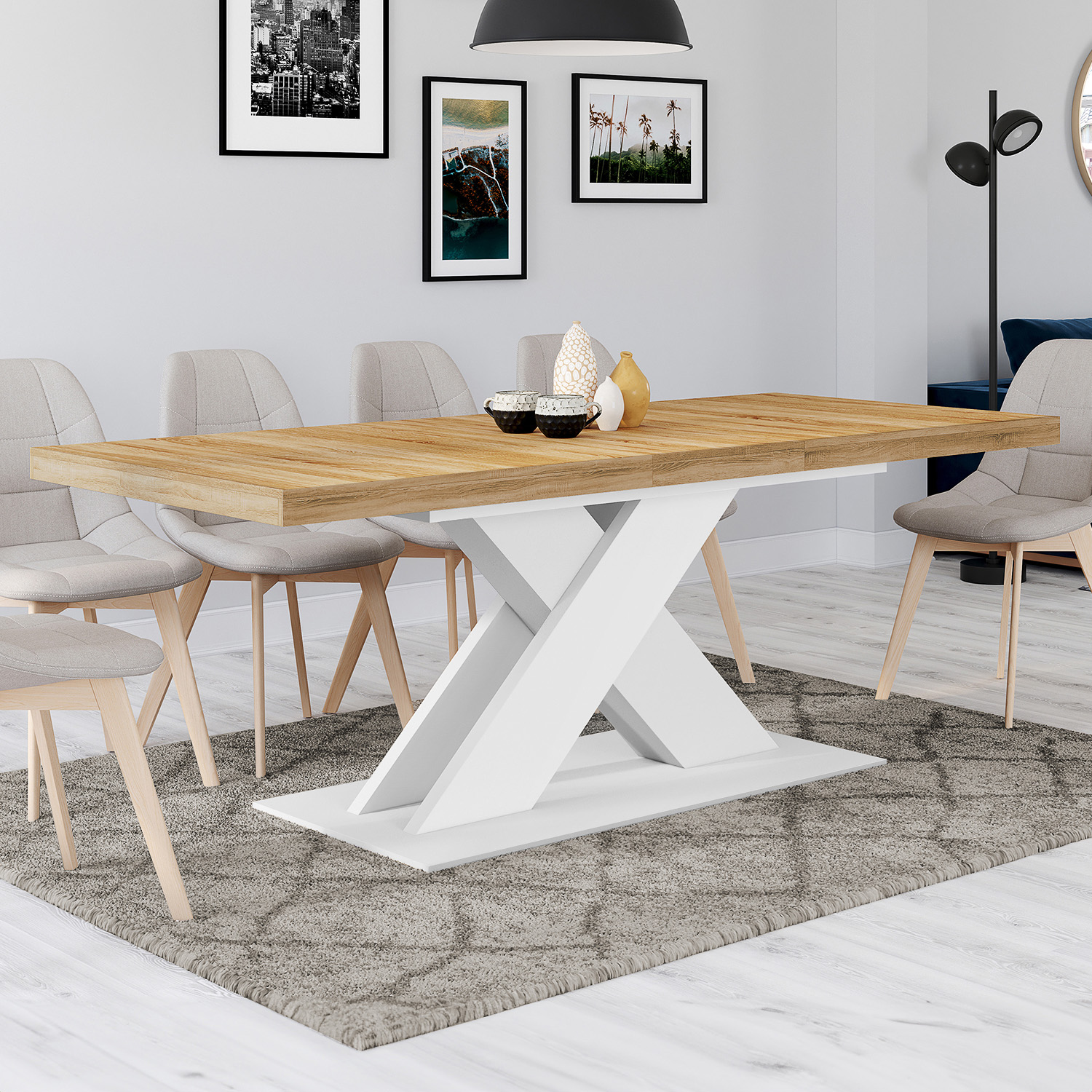 Table à manger rectangulaire extensible bois et blanc 6 à 10 personnes 160-200 cm
