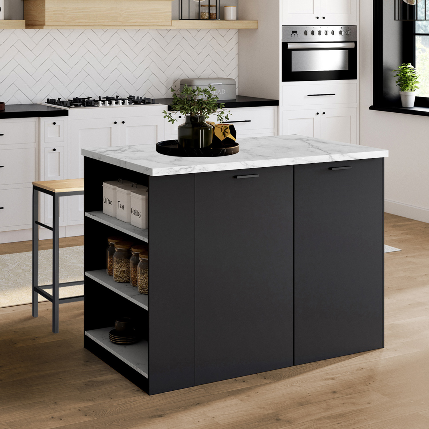 Ilot central de cuisine bois noir et effet marbre