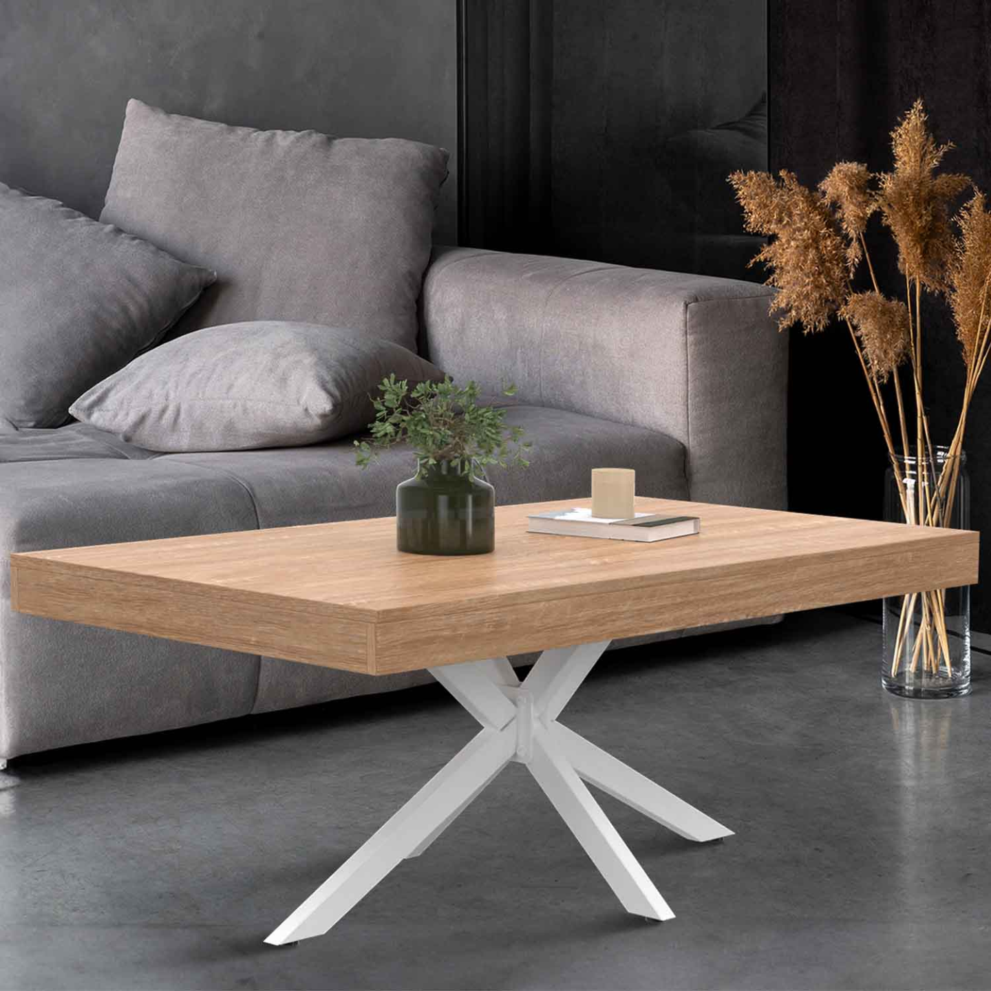 Table basse bois et blanc rectangulaire 110 cm pied araignée - ALIX ...