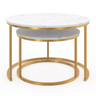 Lot De 2 Tables Basses Gigognes Rondes Blanches, En Placage De Marbre Cadre Dore