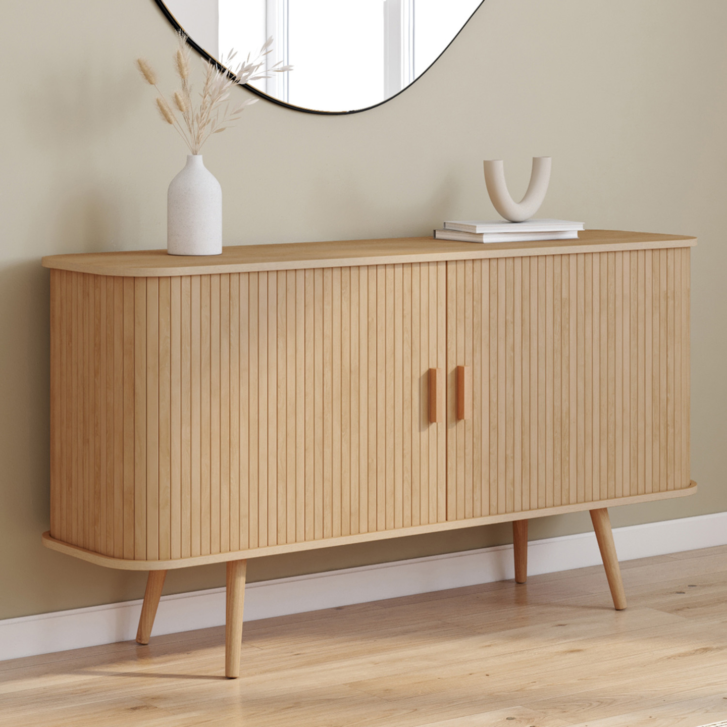 Buffet 140 cm en bois avec 2 portes coulissantes effet lattes - ROMIE | ID Market