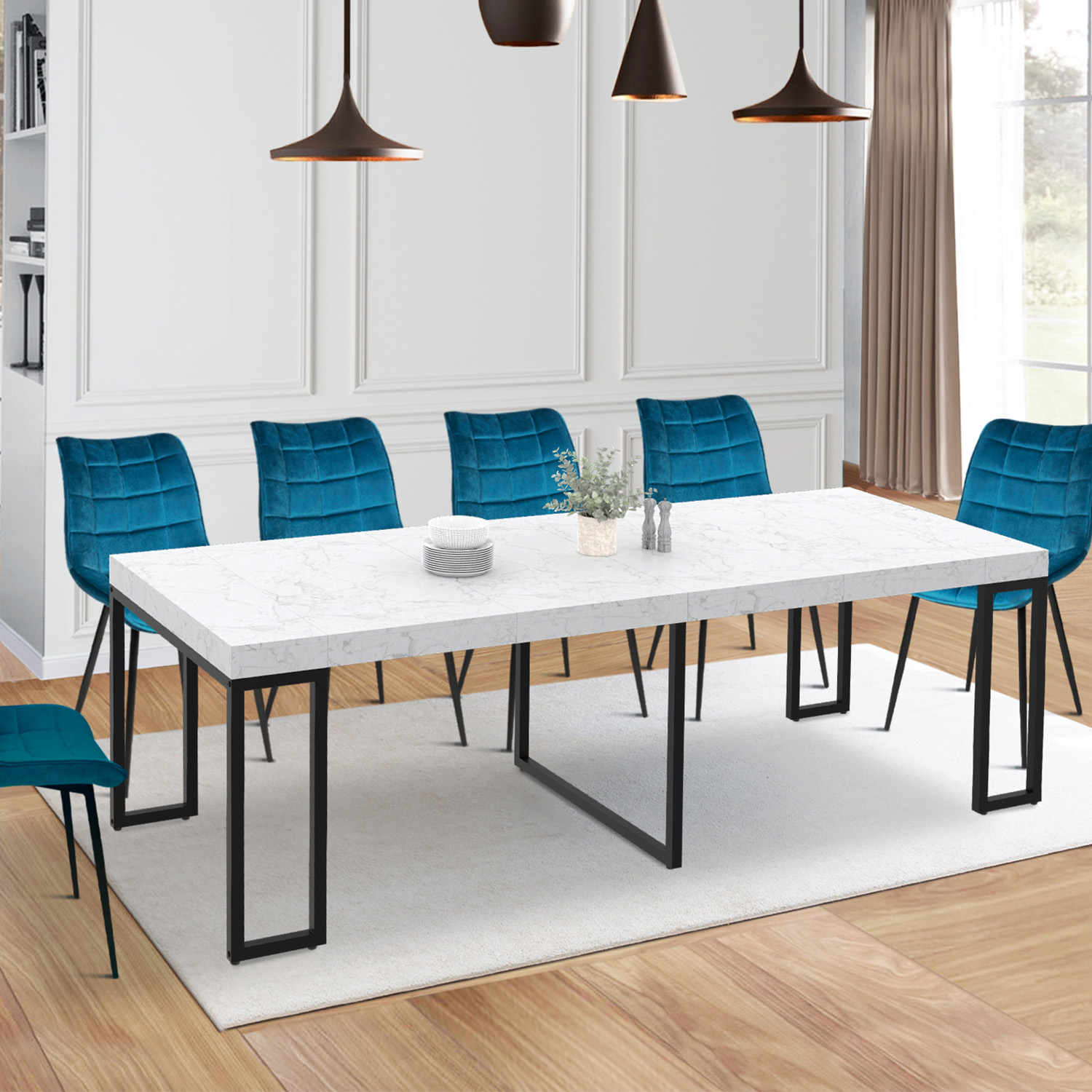 Table console extensible effet marbre blanc 10 personnes