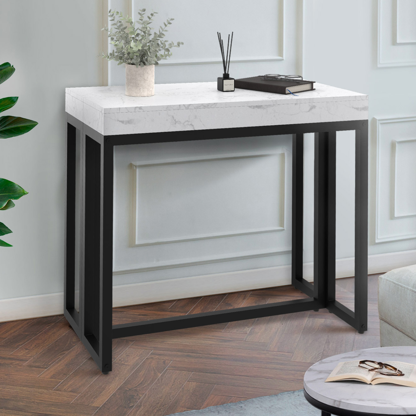 Table Console Extensible Michel - Bois Blanc Et Effet Hêtre, 10 Personnes, 235 Cm | Transformable En Console D'entrée, 4 Rallonges - 8