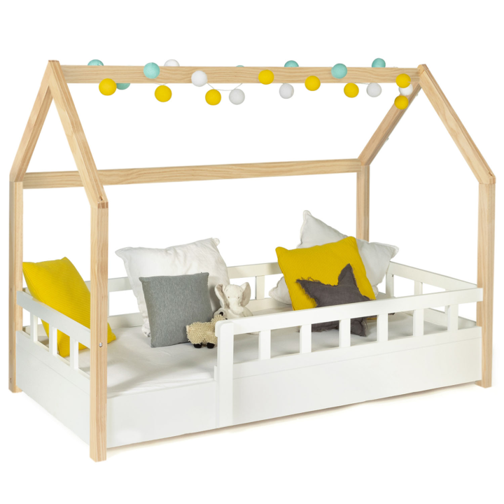 Lit cabane enfant 80 x 160 CM NEREE blanc et hêtre avec sommier et barrières Lit cabane enfant 80 x 160 CM NEREE blanc et hêtre avec sommier et barrières