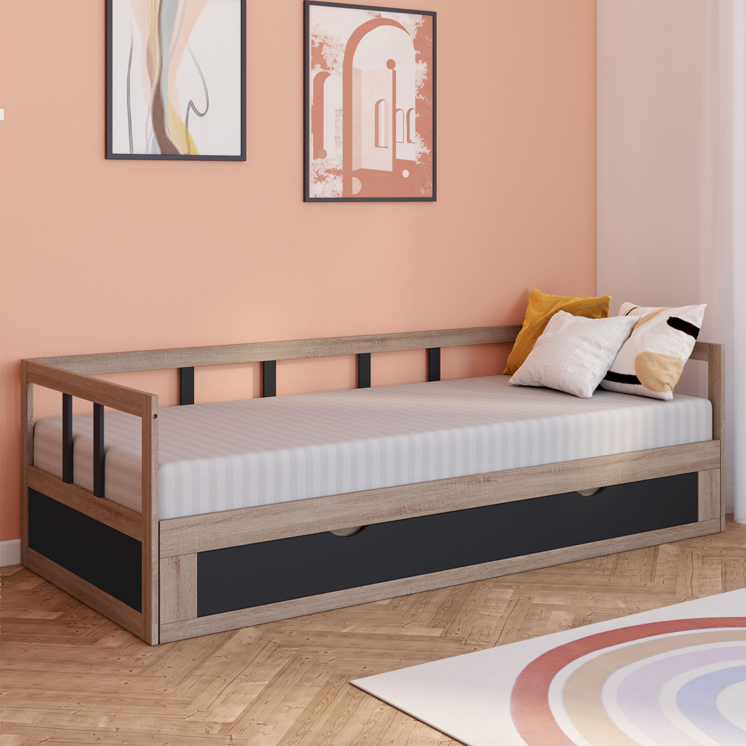 Lit convertible 180 x 190 cm noir et hêtre