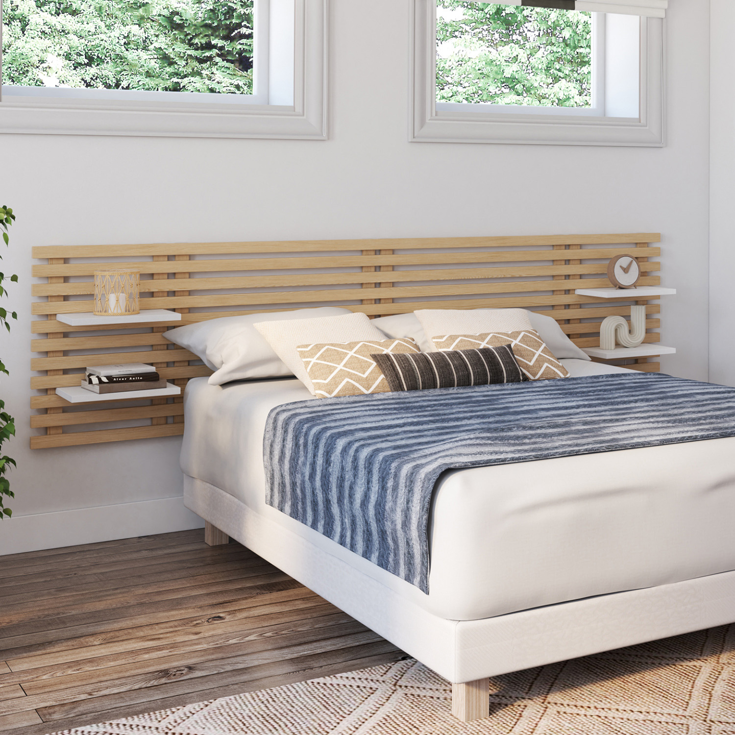 cabecero-de-listones-de-madera-clara-240-cm-y-estantes-blancos-ava