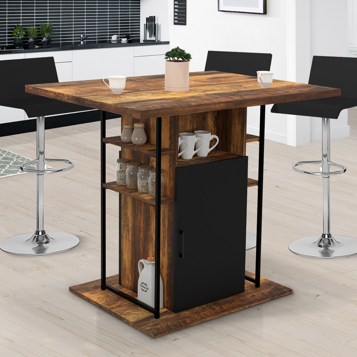 Ilot central de cuisine industriel bois noir et effet bois foncé