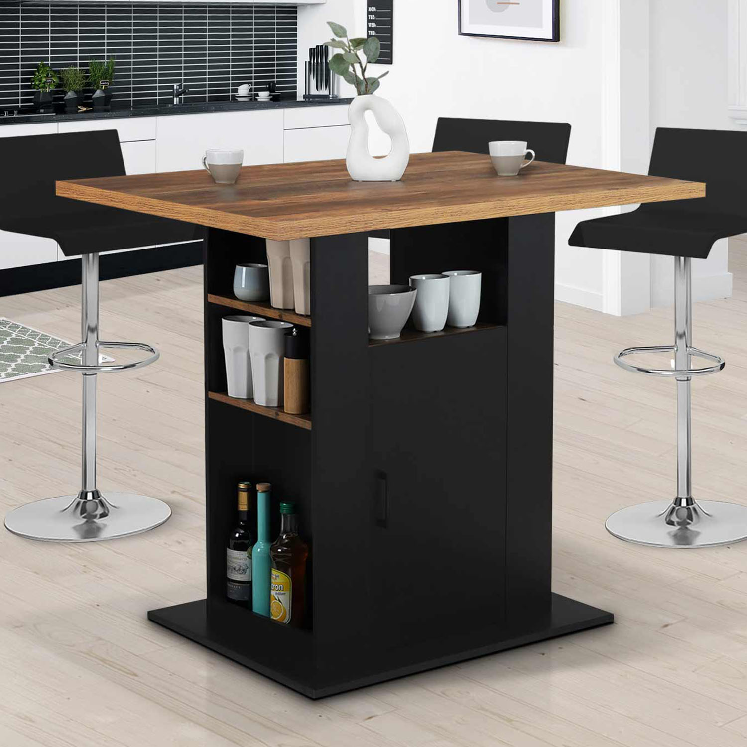 Ilot central bois noir et effet bois foncé 110 cm avec rangements