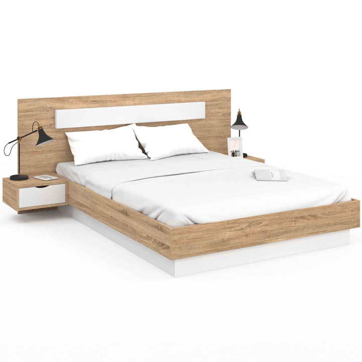 Lit double SANTA avec tables de chevets intégrées et sommier 140x190cm bois et blanc Lit double SANTA avec tables de chevets intégrées et sommier 140x190cm bois et blanc