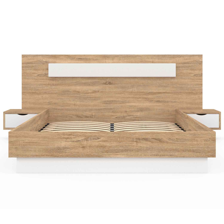 Lit double SANTA avec tables de chevets intégrées et sommier 140x190cm bois et blanc Lit double SANTA avec tables de chevets intégrées et sommier 140x190cm bois et blanc