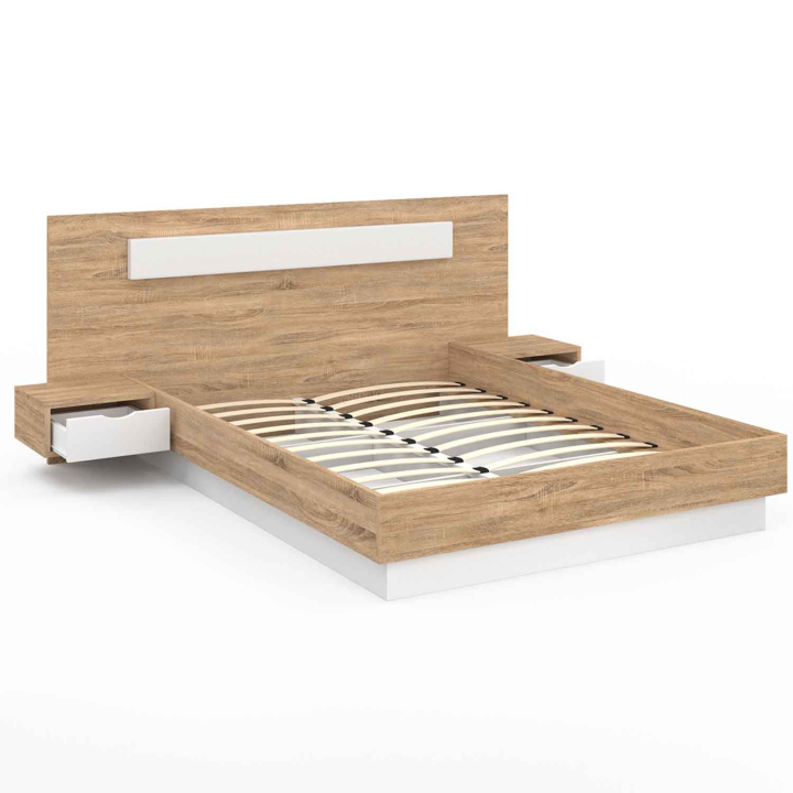 Lit double SANTA avec tables de chevets intégrées et sommier 140x190cm bois et blanc Lit double SANTA avec tables de chevets intégrées et sommier 140x190cm bois et blanc