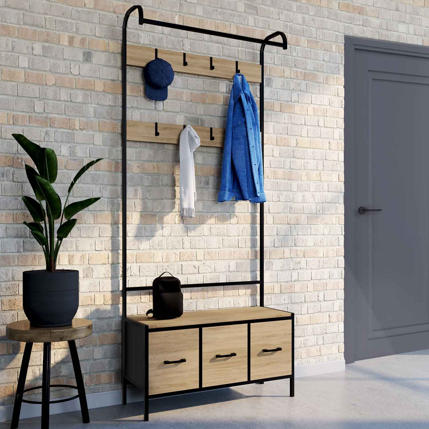 Vestiaire d'entrée avec banc et 3 tiroirs en tissu style industriel