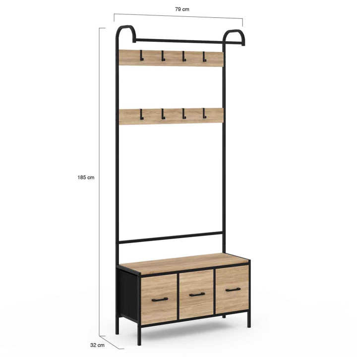 Vestiaire d'entrée UTAH avec banc et 3 tiroirs en tissu design industriel