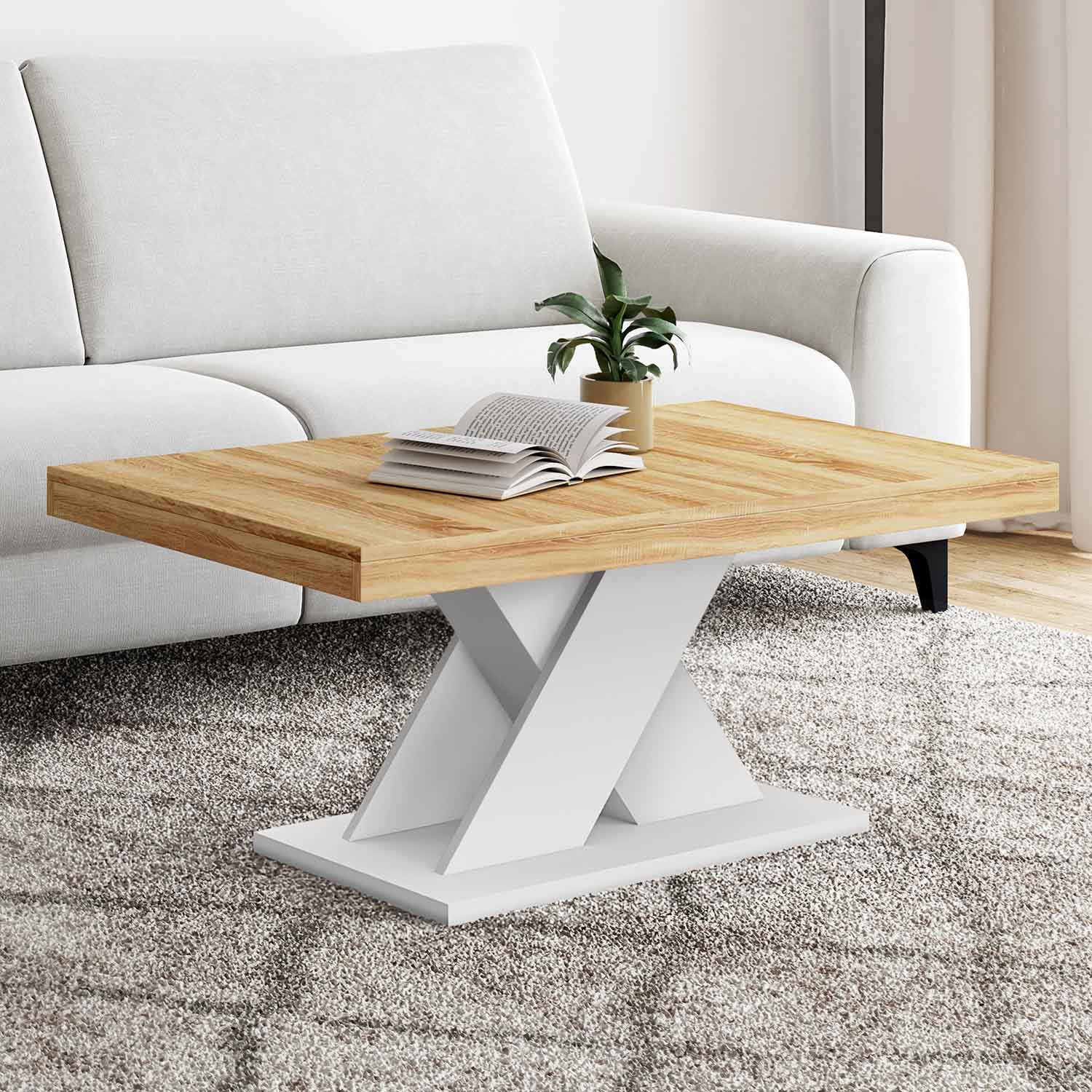 Table basse avec plateau bois et pied en X blanc